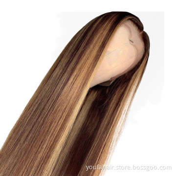 Wholesale 100% Real Brazilian Human Hair Mix Color Piano Highlight Hair Straight 4*4 Pre-plucked Lace Wigs With Baby Hair